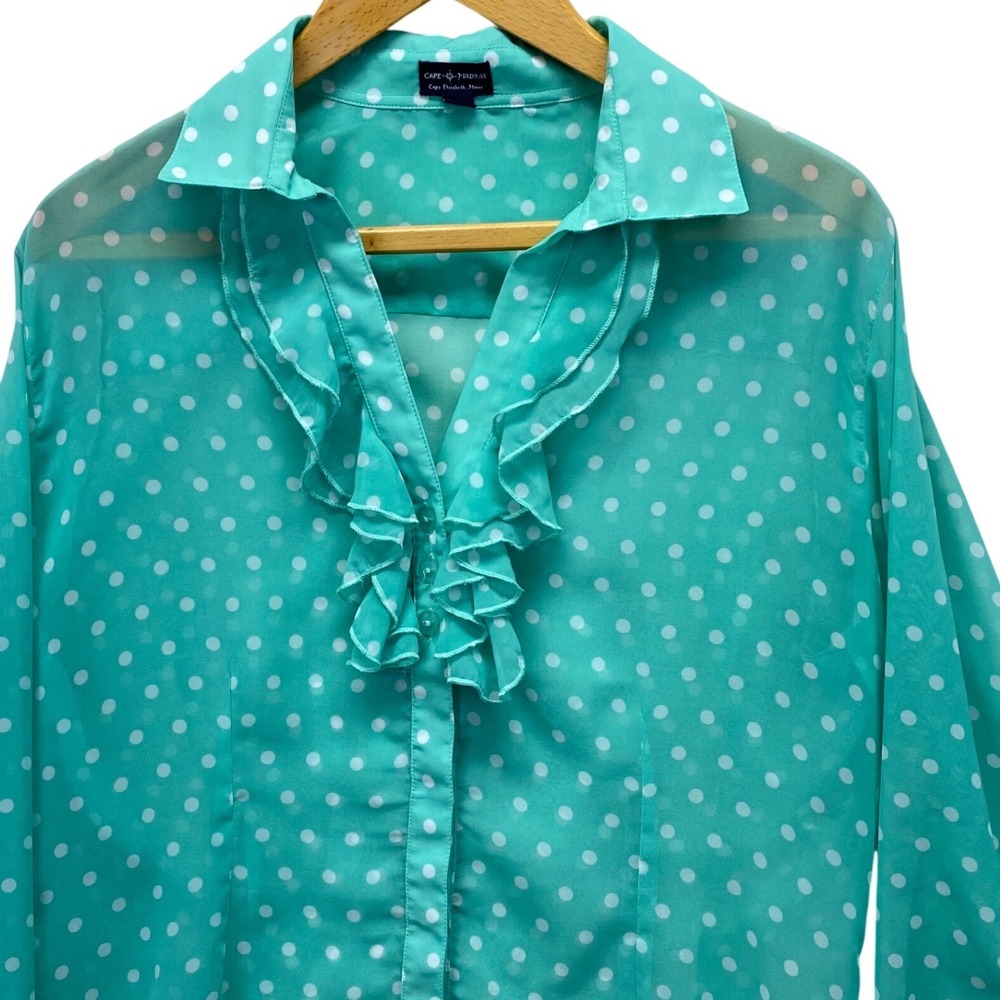 Cape Madras Polka Dot Ruffle Blouse Womens Medium Teal Green Long Sleeve Chiffon